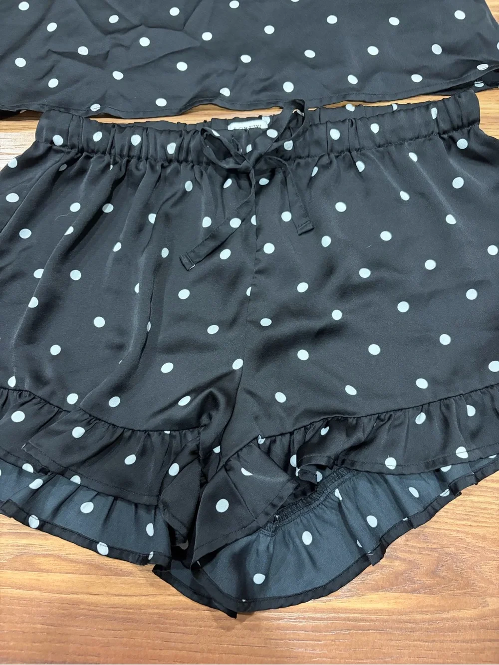 Polka Dot Satin Cami & Ruffle Short Sleep Set - Black